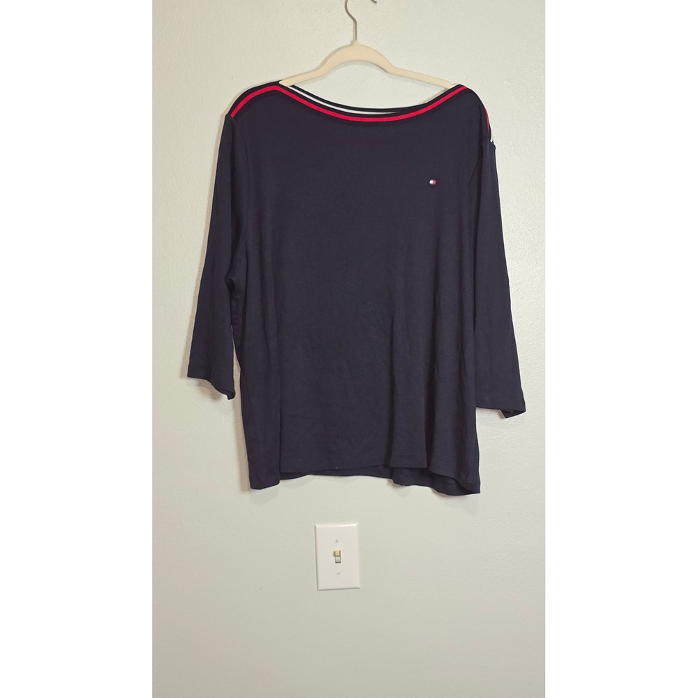 Tommy Hilfiger Womens 2X Navy Blue Boat Neck 3/4 Sleeve Cotton Knit Top Logo